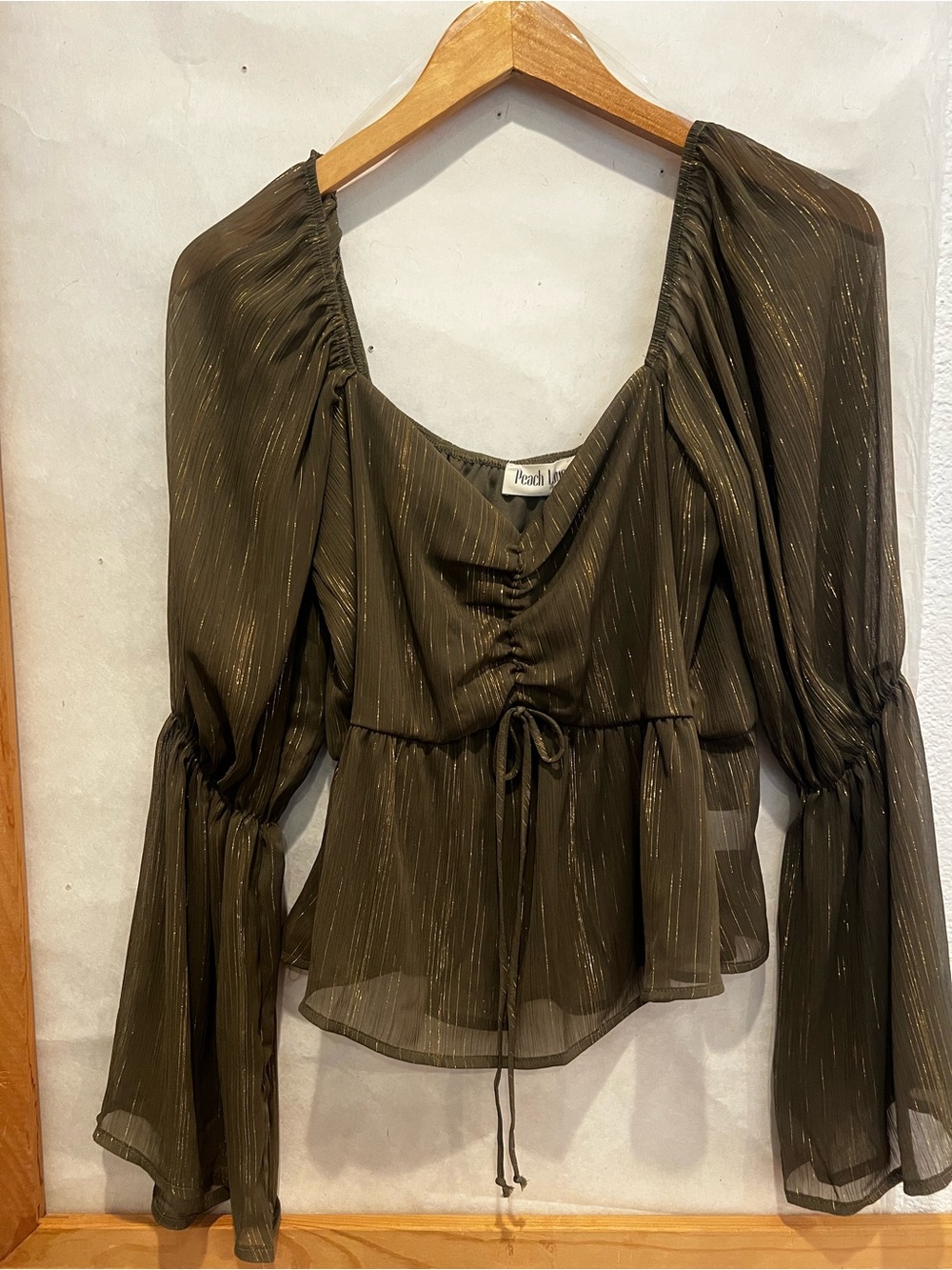 Peach Love California Olive Sheer Peplum Top with Gold Threading